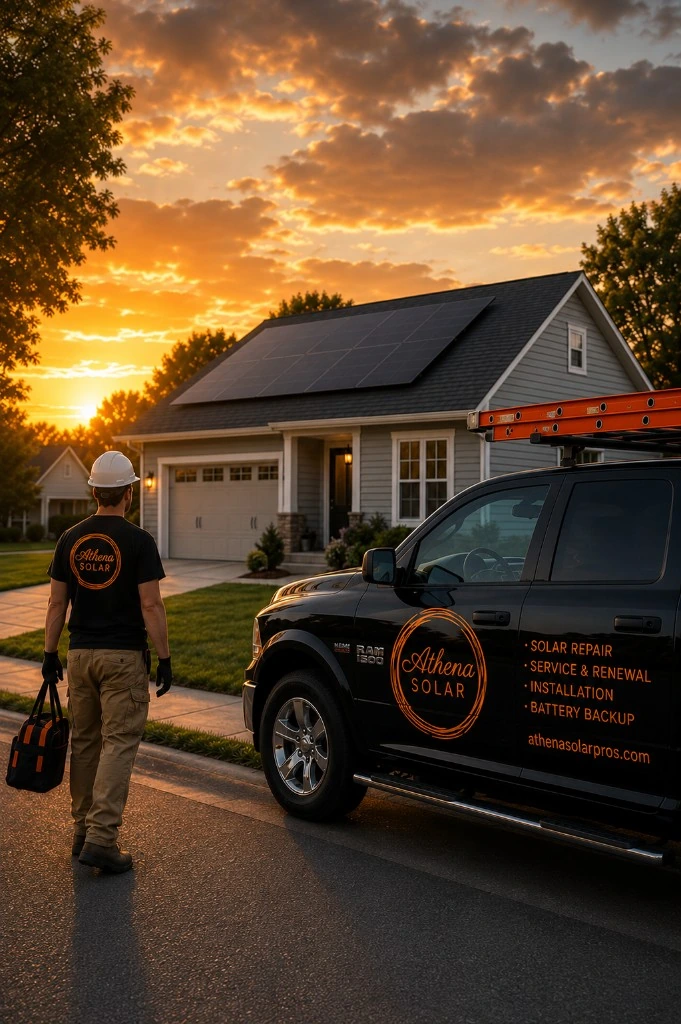 Solar technician and service truck at a home with rooftop solar