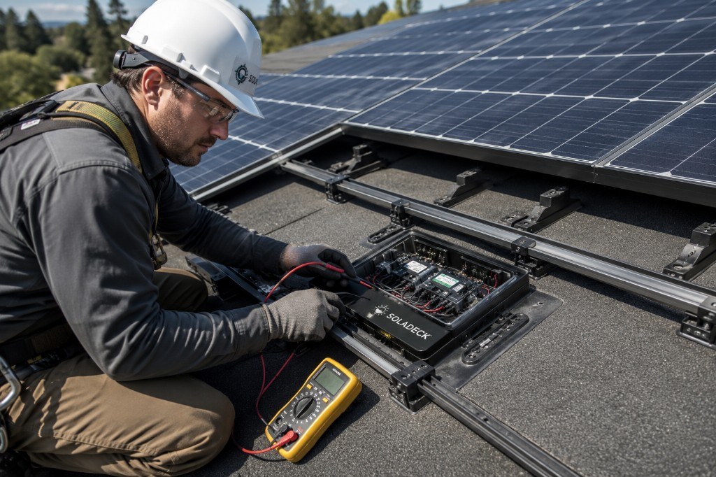 Solar technician testing SolaDeck combiner wiring with a multimeter on a rooftop