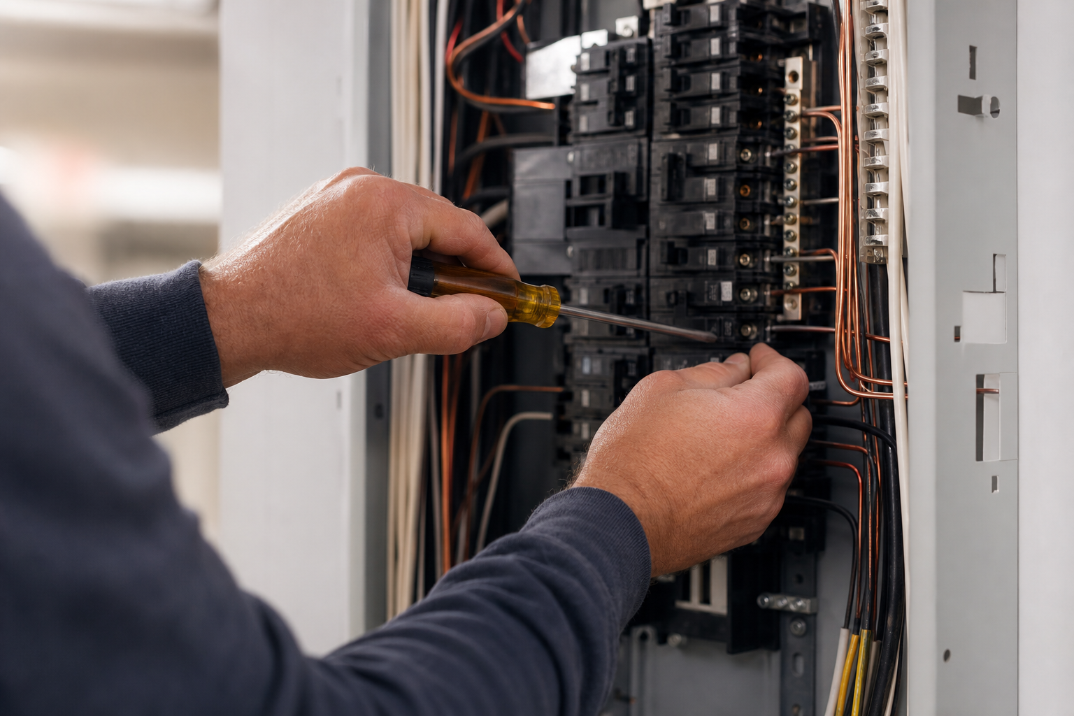 Electrician wiring a residential electrical panel